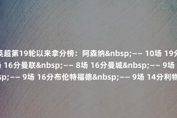 英超第19轮以来拿分榜:阿森纳 —— 10场 19分切尔西 —— 9场 16分曼联 —— 8场 16分曼城 —— 9场 16分伯恩茅斯 —— 9场 16分布伦特福德 —— 9场 14分利物浦 —— 9场 13分纽卡 —— 9场 13分埃弗顿 —— 8场 12分西汉姆 —— 9场 12分阿斯顿维拉 —— 9场 12分利兹联 —— 9场 11分富勒姆 —— 9场 11分布莱顿 —— 9场 10分水晶宫 —— 9场 9分诺丁汉丛林 —— 9场 9分狼队 —— 10场 8分桑德兰 —— 9场 8分伯恩利 —— 9场7分热刺 —— 9场4分 体育录像/图片